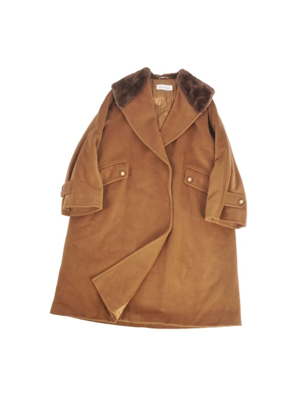 Max Mara Wool Cashmere Coat Long White Tag Buttonless Collar Fur Brown